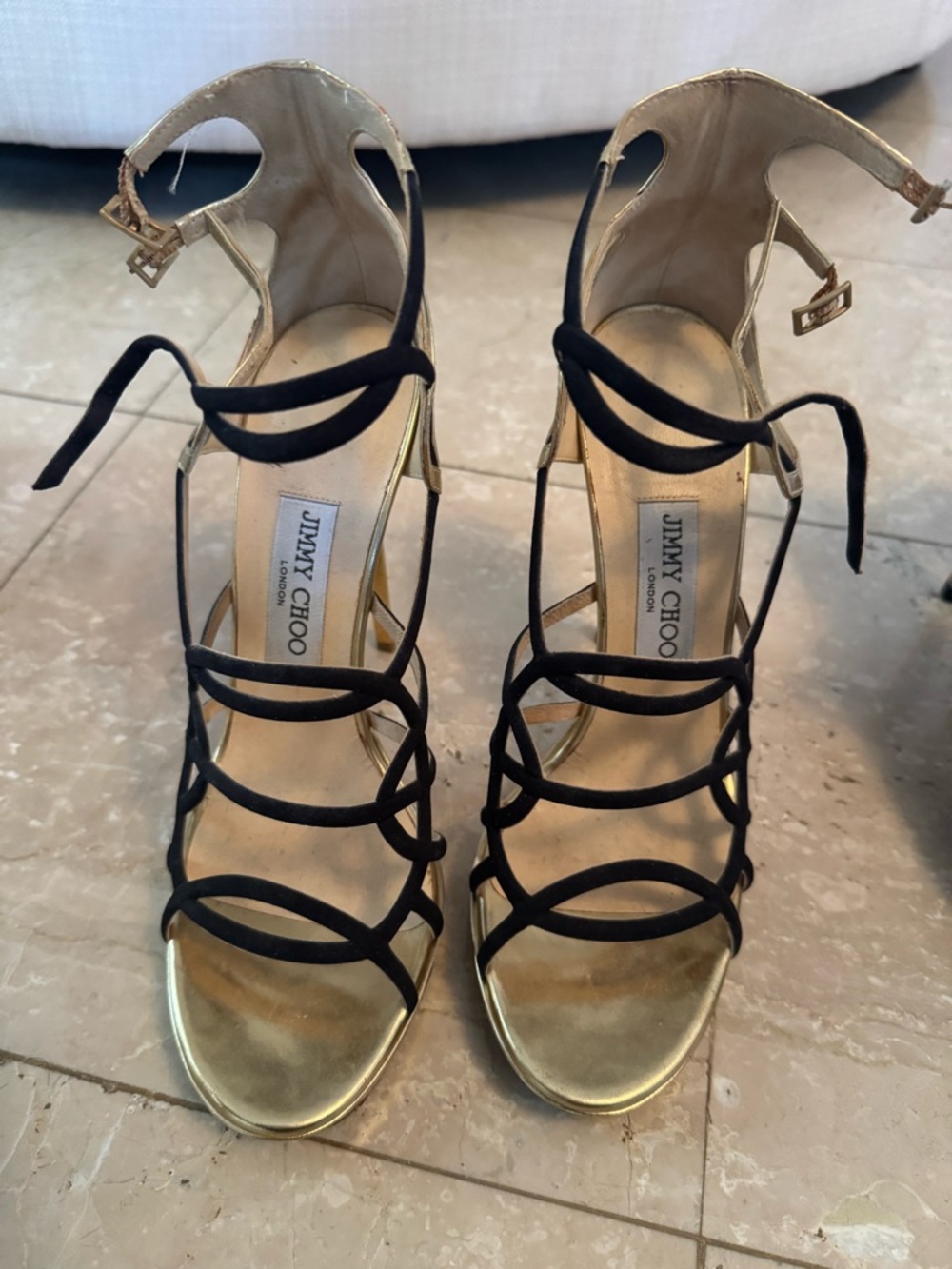 Jimmy Choo Gold and Black Strappy Sandal Heels